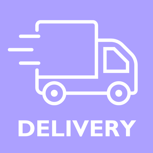 Purple background with white outline of delivery truck, with "DELIVERY" written underneath