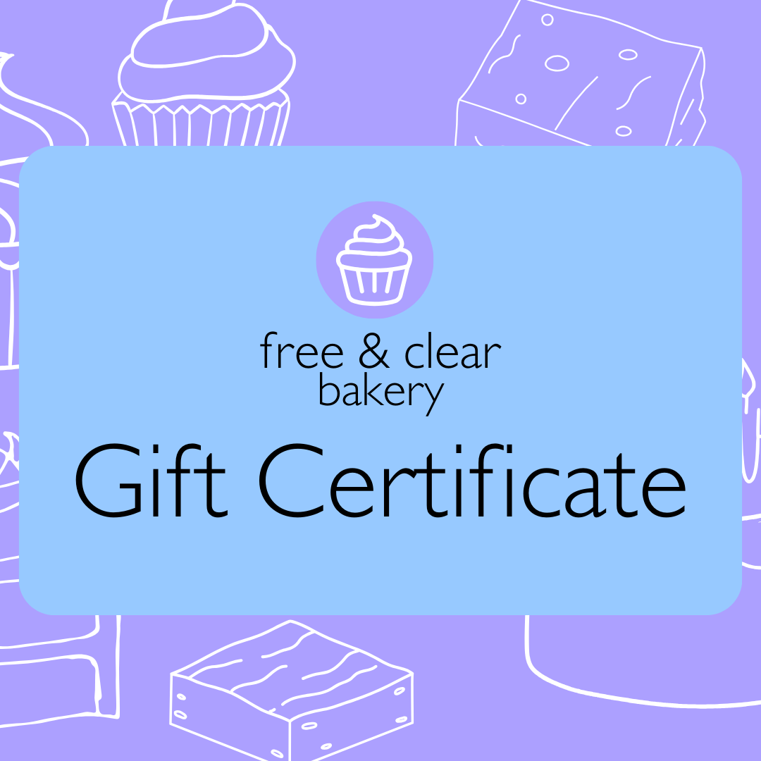 Purple background with white outlines of various desserts. In front, a blue rounded rectangle with the free & clear bakery logo (purple circle with white outline of a cupcake) and "free & clear bakery gift certificate" in black.