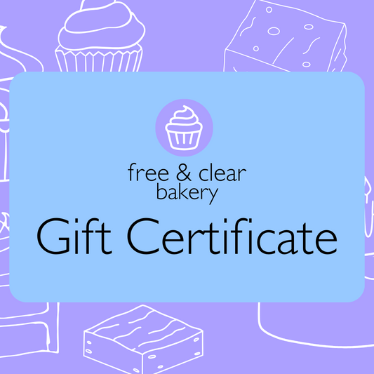 Purple background with white outlines of various desserts. In front, a blue rounded rectangle with the free & clear bakery logo (purple circle with white outline of a cupcake) and "free & clear bakery gift certificate" in black.