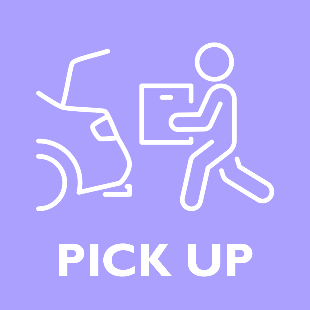 Purple background with white outline of person carrying a package into their trunk, with "PICK UP" written underneath